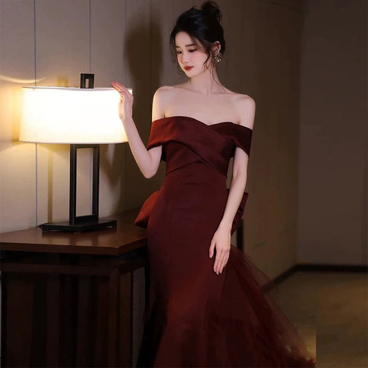 Sexy Mermaid Off The Shoulder Burgundy Tulle Floor Length Floral Prom Dresses P2396