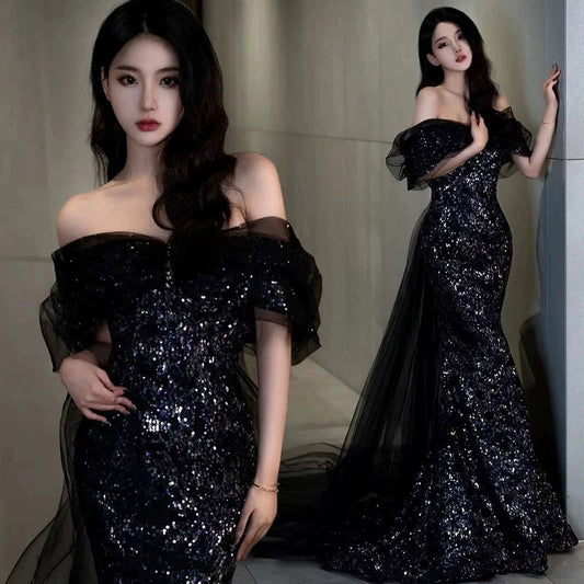 Sexy Mermaid Off The Shoulder Cap Sleeves Sequin Floor Length Black Prom Dresses P2399