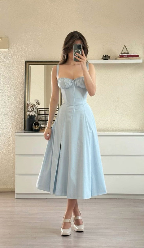 Cute A line Straps Blue Tea Length Prom Dresses Summer Birthday Dress P2419