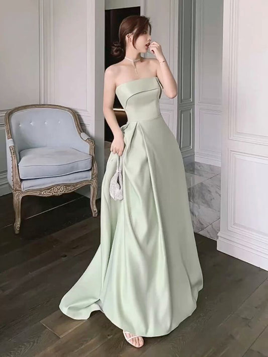 Cute A line Strapless Long Length Mint Green Prom Dresses Satin Birthday Dress P2421