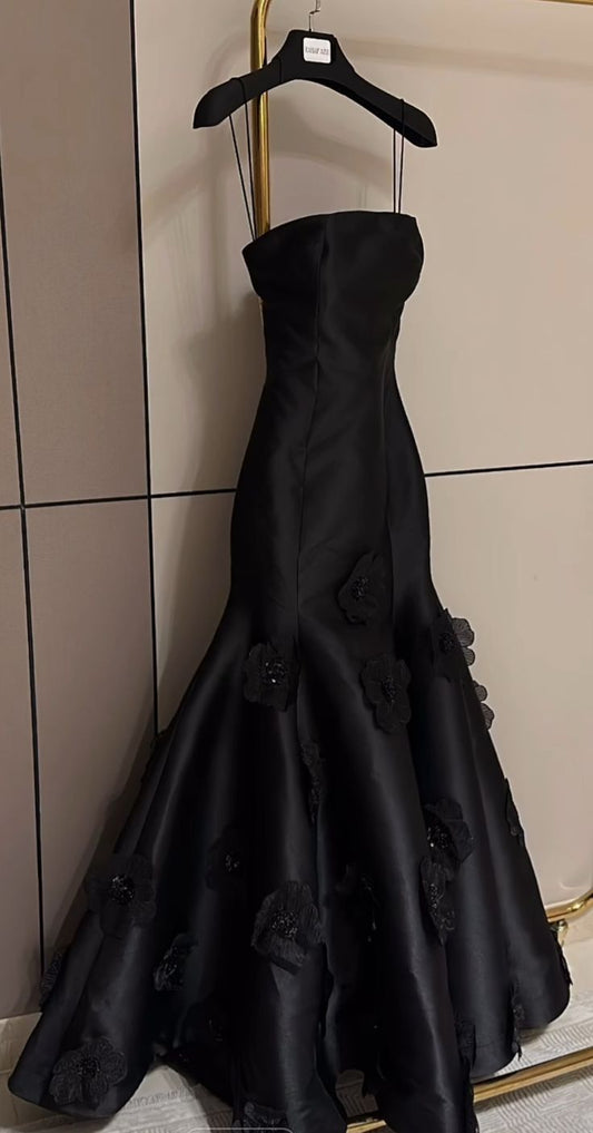 Pretty Mermaid Strapless Black Long Satin Prom Dresses With Flowers P2438