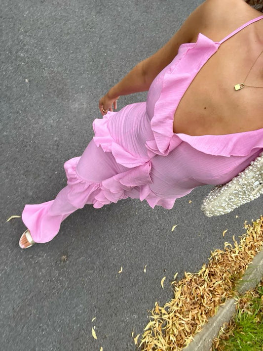 Pretty Sheath Spaghetti Straps Pink Long Chiffon Prom Dresses With Ruffles P2441