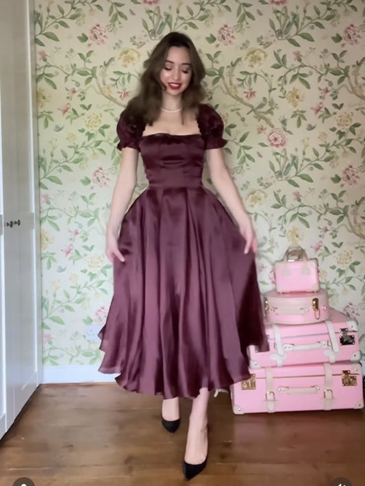 Simple A line Square Neckline Short Sleeves Satin Prom Dresses Birthday Outfits P2442