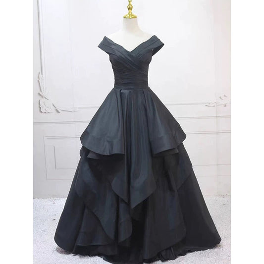 Pretty Ball Gown Off The Shoulder Black Satin Prom Dresses Evening Dress P2460