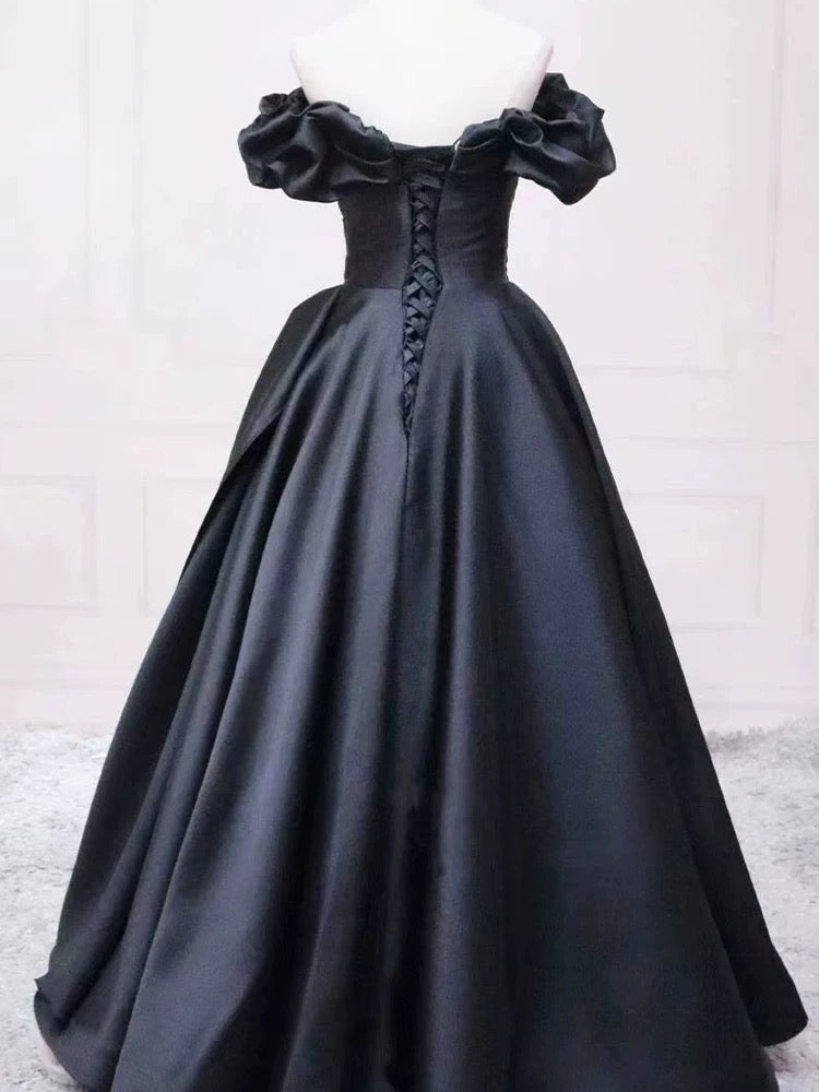 Pretty Ball Gown Off The Shoulder Black Satin Prom Dresses Evening Dress With Pleated P2462
