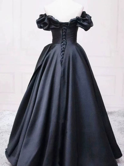 Pretty Ball Gown Off The Shoulder Black Satin Prom Dresses Evening Dress With Pleated P2462