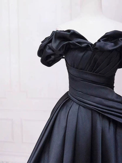 Pretty Ball Gown Off The Shoulder Black Satin Prom Dresses Evening Dress With Pleated P2462