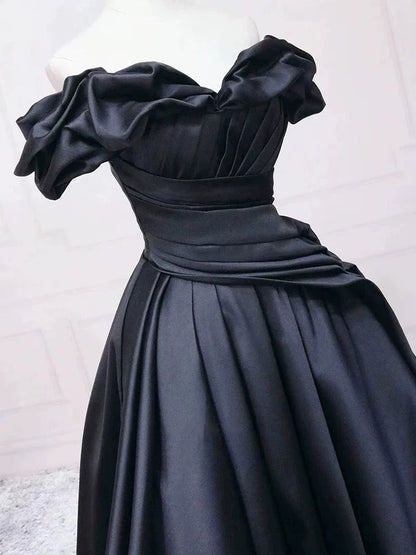 Pretty Ball Gown Off The Shoulder Black Satin Prom Dresses Evening Dress With Pleated P2462