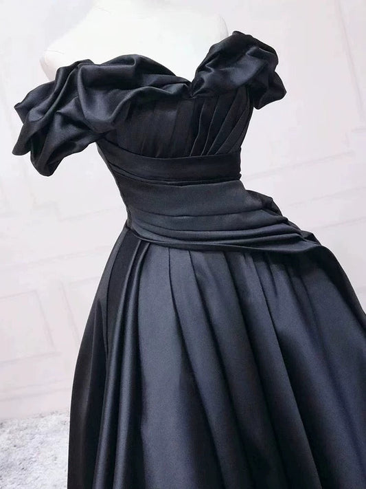Pretty Ball Gown Off The Shoulder Black Satin Prom Dresses Evening Dress With Pleated P2462