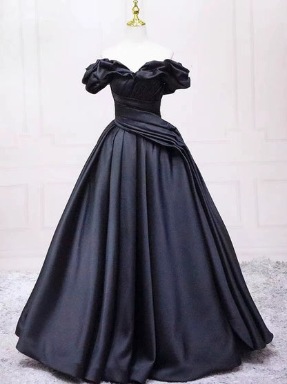 Pretty Ball Gown Off The Shoulder Black Satin Prom Dresses Evening Dress With Pleated P2462