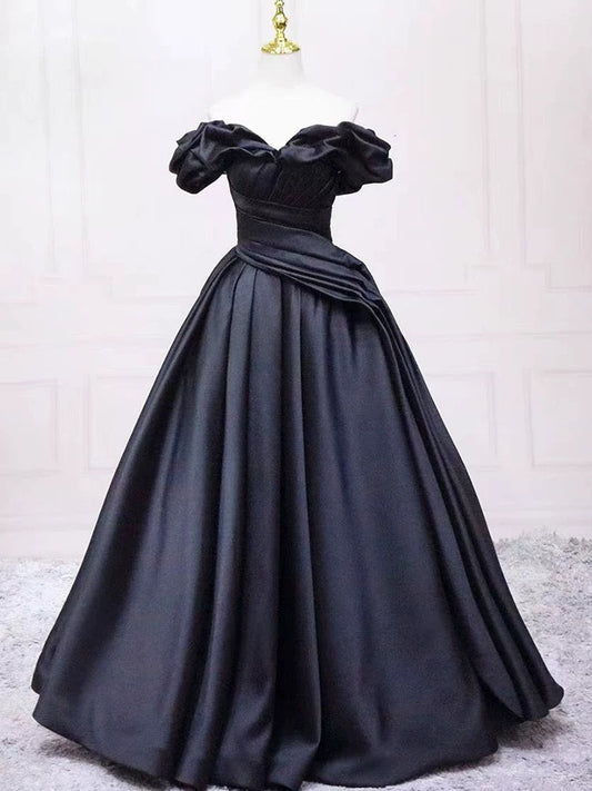 Pretty Ball Gown Off The Shoulder Black Satin Prom Dresses Evening Dress With Pleated P2462