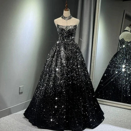 Pretty Ball Gown Strapless Black Sequin Prom Dresses Evening Dress P2463