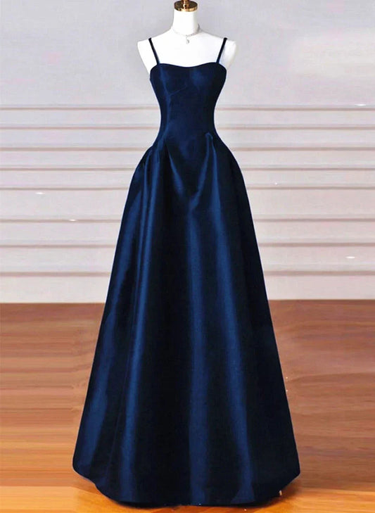 A-line Navy Blue Satin Straps Long Formal Dress Navy Blue Prom Dress P2490