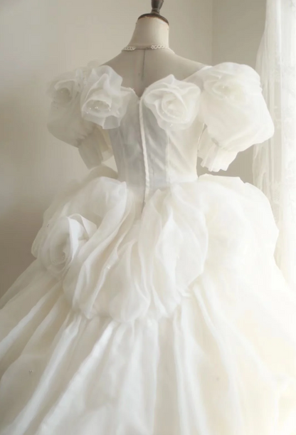 Princess Puff Sleeves Pleated Handmade Flower Tulle A-Line Wedding Dress P2819