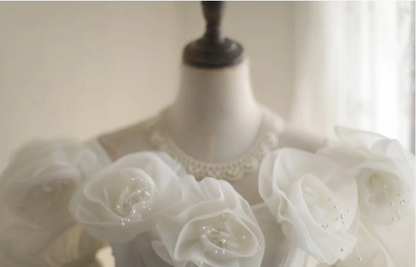 Princess Puff Sleeves Pleated Handmade Flower Tulle A-Line Wedding Dress P2819