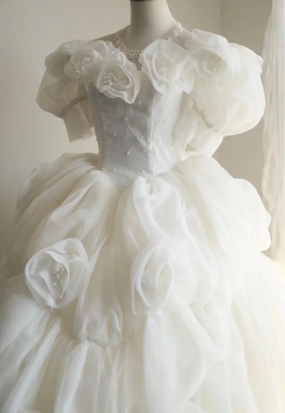 Princess Puff Sleeves Pleated Handmade Flower Tulle A-Line Wedding Dress P2819