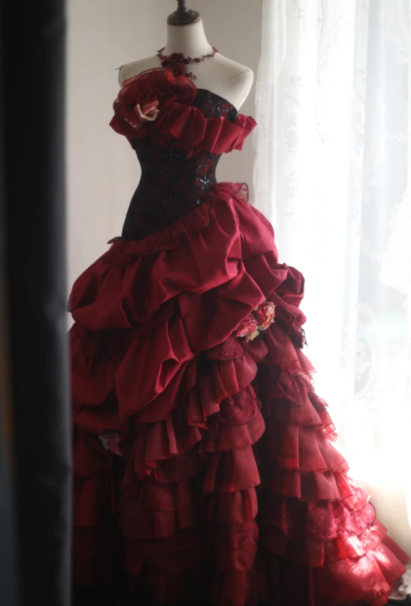 Retro warm red skirt puffy pleated handmade flower princess wedding dress P2838