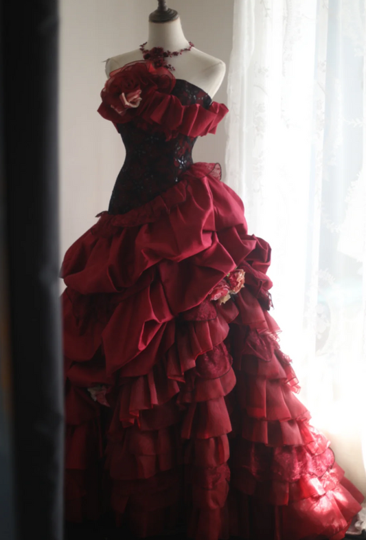 Retro warm red skirt puffy pleated handmade flower princess wedding dress P2838