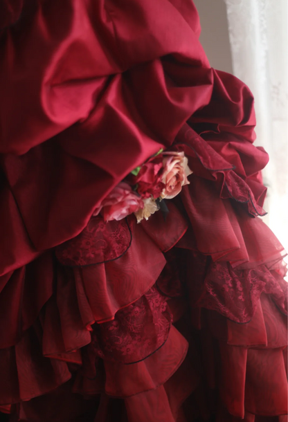 Retro warm red skirt puffy pleated handmade flower princess wedding dress P2838