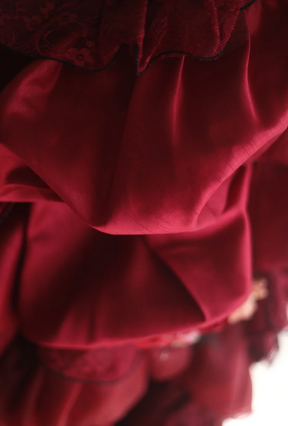 Retro warm red skirt puffy pleated handmade flower princess wedding dress P2838