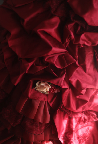 Retro warm red skirt puffy pleated handmade flower princess wedding dress P2838