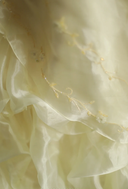 Soft light yellow floral beaded halter neck layered pleated puffy wedding dress P2855