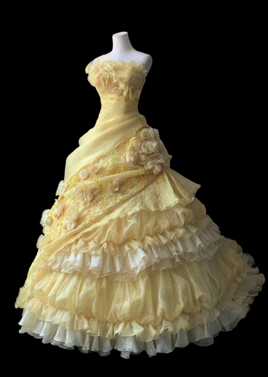 Vintage Heavy Handmade Flower Tube Top Light Yellow Pleated Layered Puff Wedding Dress P2856