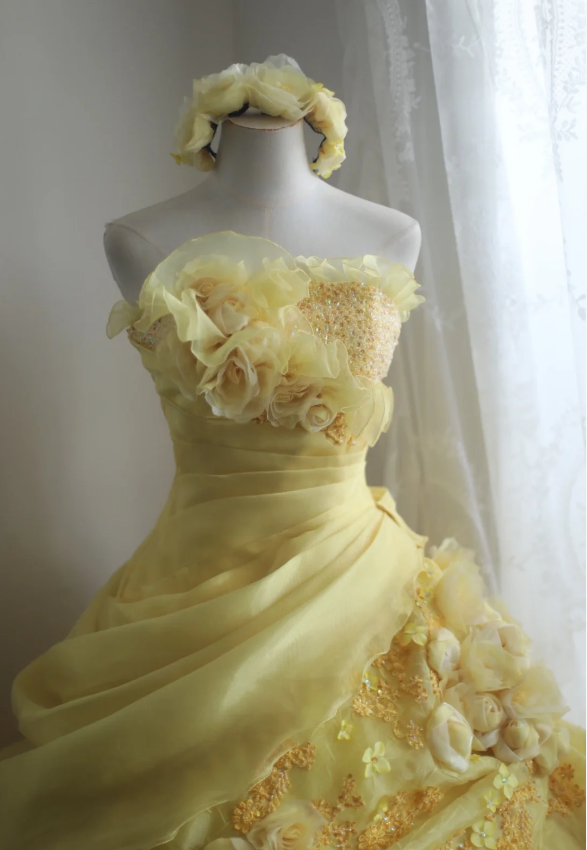 Vintage Heavy Handmade Flower Tube Top Light Yellow Pleated Layered Puff Wedding Dress P2856
