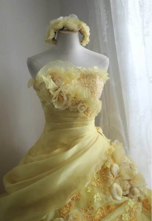 Vintage Heavy Handmade Flower Tube Top Light Yellow Pleated Layered Puff Wedding Dress P2856