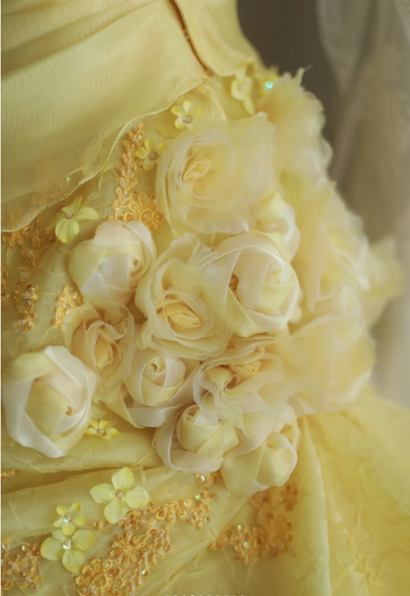 Vintage Heavy Handmade Flower Tube Top Light Yellow Pleated Layered Puff Wedding Dress P2856
