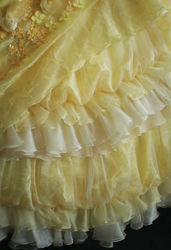 Vintage Heavy Handmade Flower Tube Top Light Yellow Pleated Layered Puff Wedding Dress P2856