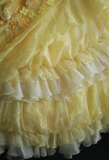 Vintage Heavy Handmade Flower Tube Top Light Yellow Pleated Layered Puff Wedding Dress P2856