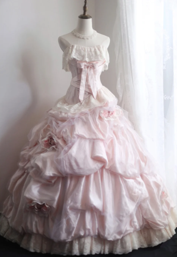 Princess Pink Tube Top Irregular Skirt Pleated Lace Edge Puffy Wedding Dress P2858