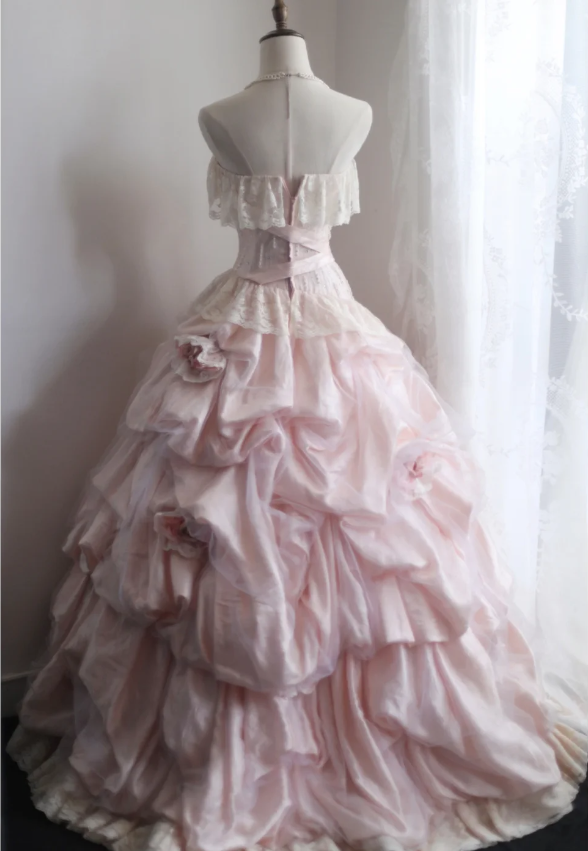 Princess Pink Tube Top Irregular Skirt Pleated Lace Edge Puffy Wedding Dress P2858