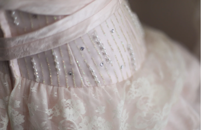 Princess Pink Tube Top Irregular Skirt Pleated Lace Edge Puffy Wedding Dress P2858