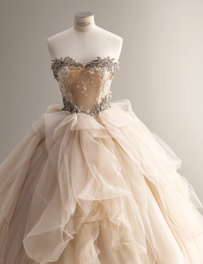 Elegant champagne color sweetheart neckline irregular pleated layered tulle A-line floor-length wedding dress P2872