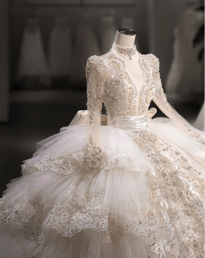 French Palace Champagne Gold Long Sleeve Lace Accordion Pleated Tulle Deep V Neck Wedding Dress P2891