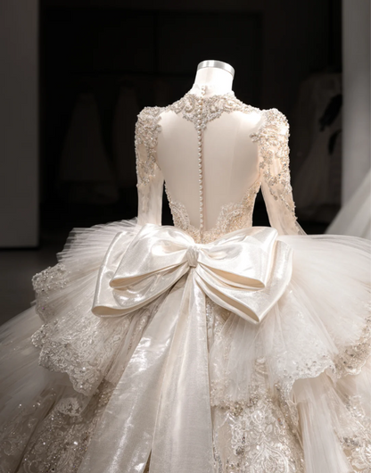 French Palace Champagne Gold Long Sleeve Lace Accordion Pleated Tulle Deep V Neck Wedding Dress P2891