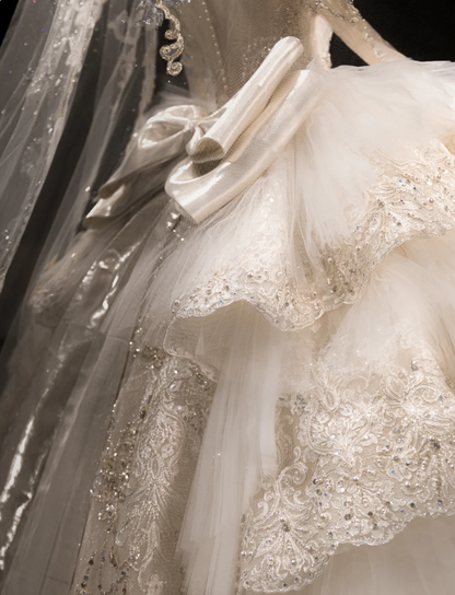 French Palace Champagne Gold Long Sleeve Lace Accordion Pleated Tulle Deep V Neck Wedding Dress P2891