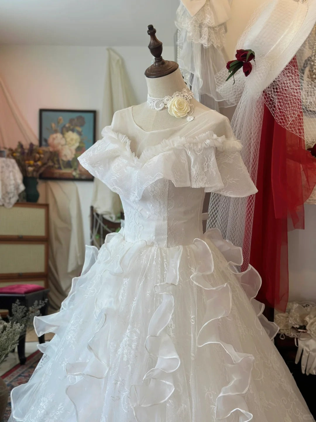 Princess One Shoulder Bag Shoulder A-Line Tulle Floor-Length Wedding Dress P2945