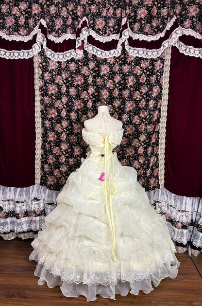 Gentle light yellow one-shoulder floral pleated tulle fluffy floor-length wedding dress P2970