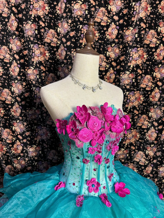 Chic Turquoise Strapless 3D Flower Herringbone Tulle Floor-Length Wedding Dress P3005