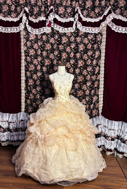 Princess champagne color full body pattern pleated fluffy wedding dress P3016