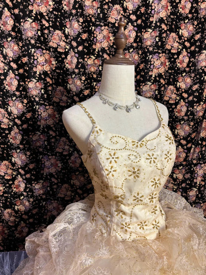 Princess champagne color full body pattern pleated fluffy wedding dress P3016