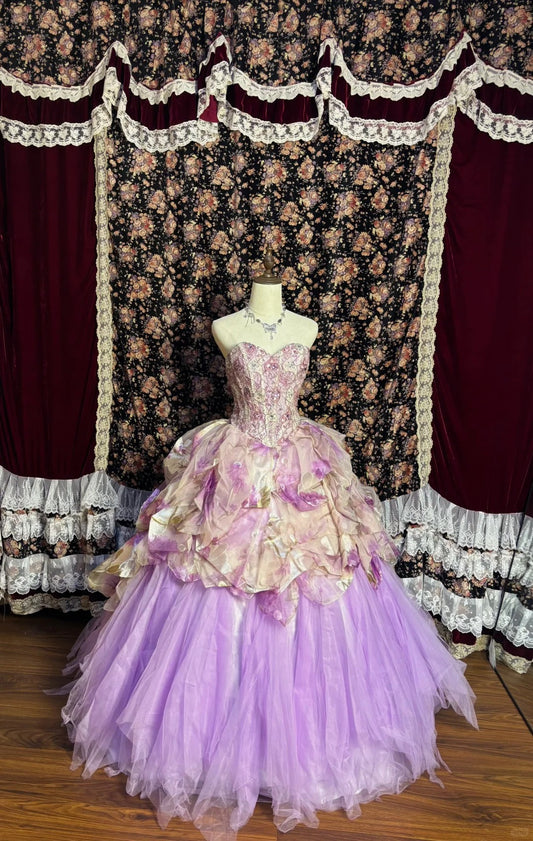 Dreamy Purple Flower Handle Heart-Shaped Neck Printed Tulle Floor-Length Wedding Dress P3031