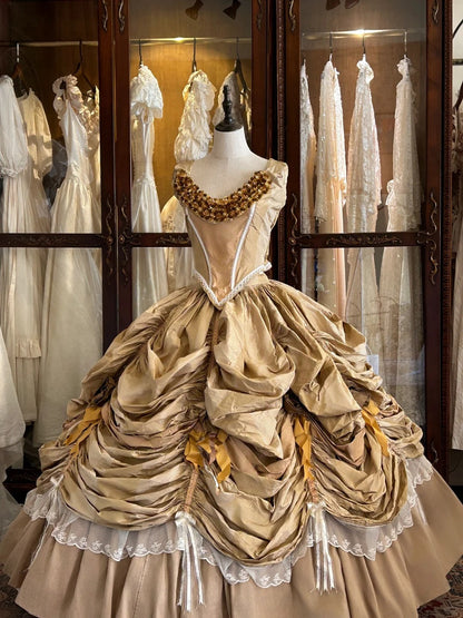 Princess Gold Rose Herringbone Waist Beaded Pleated Skirt Wedding Dress P3060