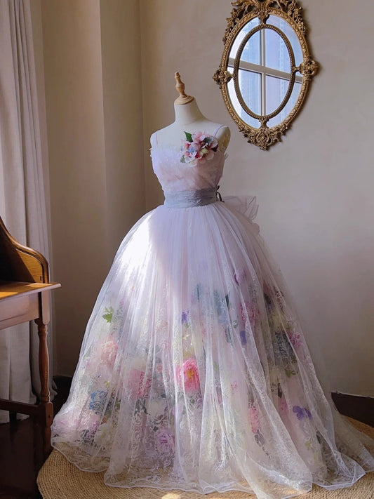 Dreamy Pink Heavy Tulle 3D Flower Lace Floor-Length Wedding Dress P3061