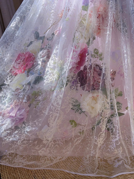 Dreamy Pink Heavy Tulle 3D Flower Lace Floor-Length Wedding Dress P3061