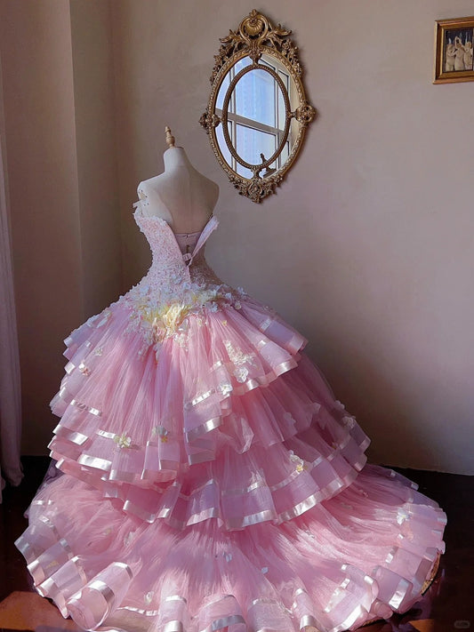 Dreamy Princess Pink Tube Top 3D Flower Beaded Lace Tulle Cake Skirt Trailing Wedding Dress P3062