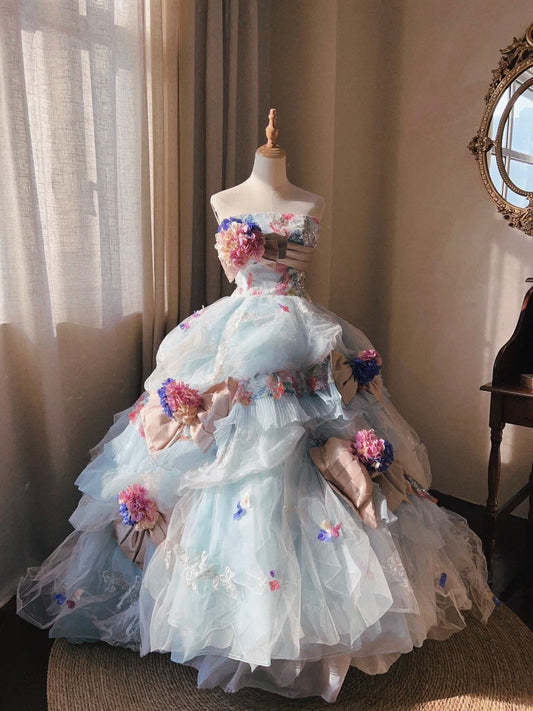 Dreamy light blue tube top 3D flower handmade beaded sequined trailing wedding dress P3067